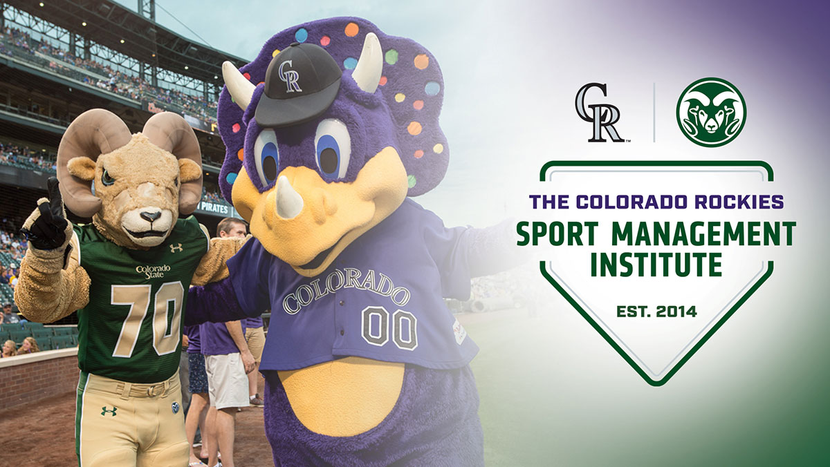 Macots Cam and Dinger stand together at Coors Field with a Colorado Rockies Sport Management Institute badge graphic overlay 